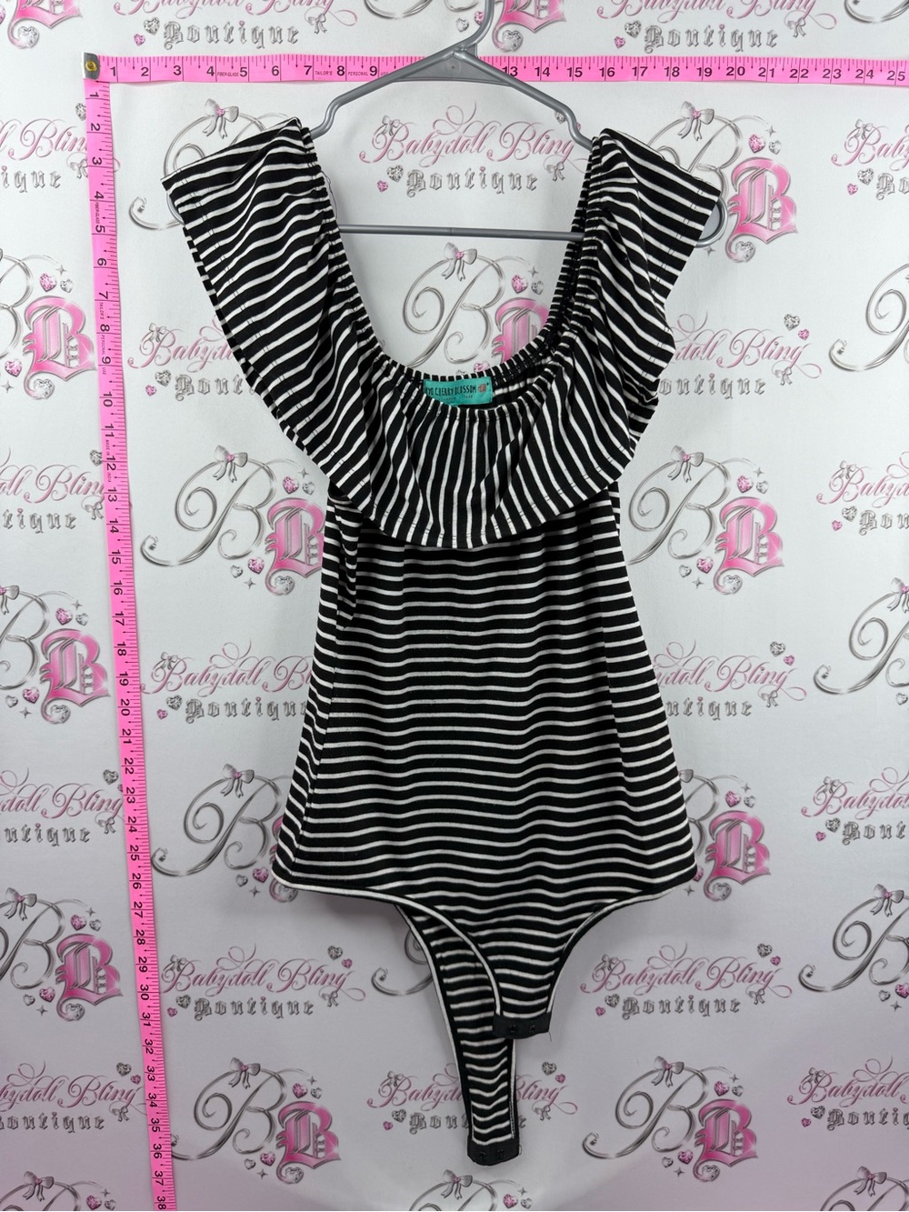 KYO CHERRY BLOSSOM JAPAN Striped Black and White Ruffle Off-Shoulder Bodysuit